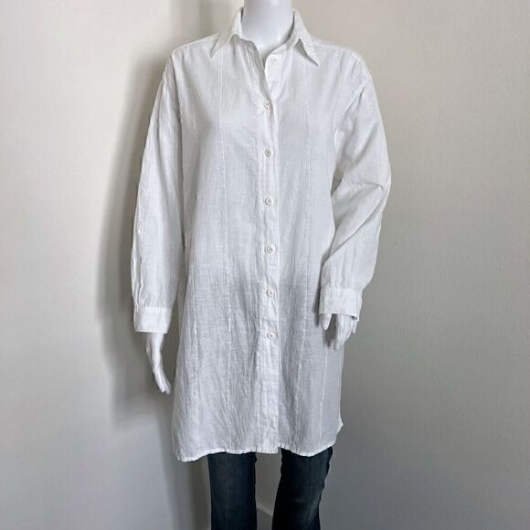 Ada Grimaldi Women's Lagenlook Tunic Size 40 S White Collared Linen Blend Italy - Picture 1 of 8